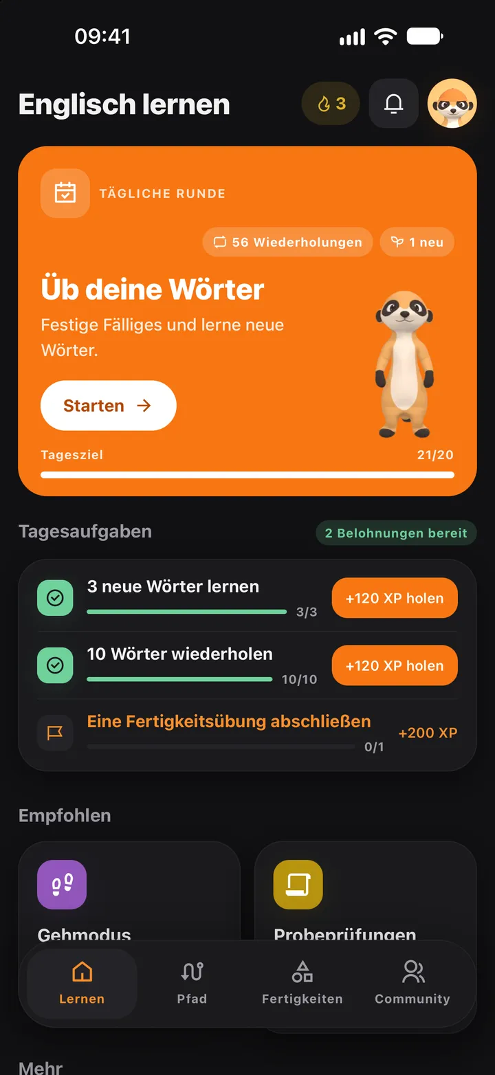 Lernen-Ansicht: tägliche Wortrunde, Tagesziel und Aufgaben des Tages.