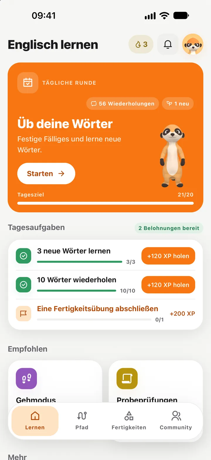 Lernen-Ansicht: tägliche Wortrunde, Tagesziel und Aufgaben des Tages.