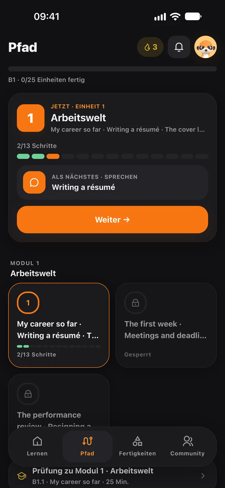 Pfad-Ansicht: Niveau B1, aktuelle Einheit, nächster Schritt und die Schaltfläche Weiter.