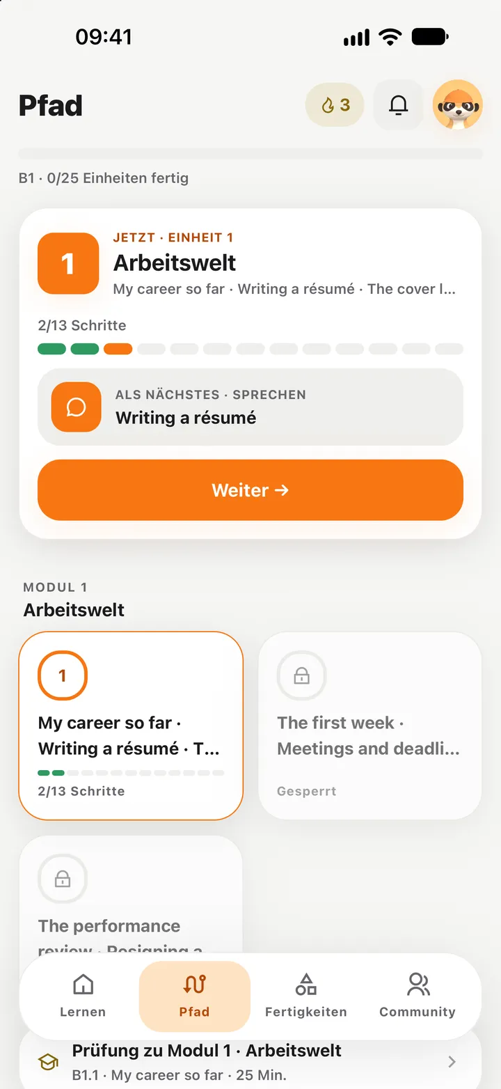 Pfad-Ansicht: Niveau B1, aktuelle Einheit, nächster Schritt und die Schaltfläche Weiter.
