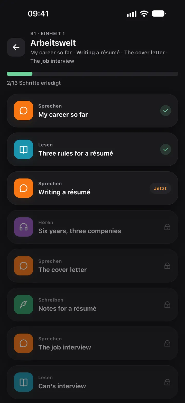 Einheit-Ansicht im Englischkurs: My career so far ist erledigt, als Nächstes der Lesetext Three rules for a résumé.