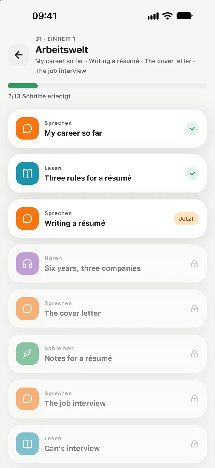 Einheit-Ansicht im Englischkurs: My career so far ist erledigt, als Nächstes der Lesetext Three rules for a résumé.