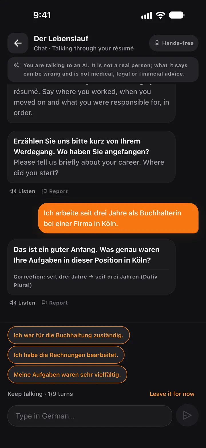 Speaking step: in a job interview the AI character asks a question; the user's mistake seit drei Jahre is corrected to seit drei Jahren; three suggestions below.
