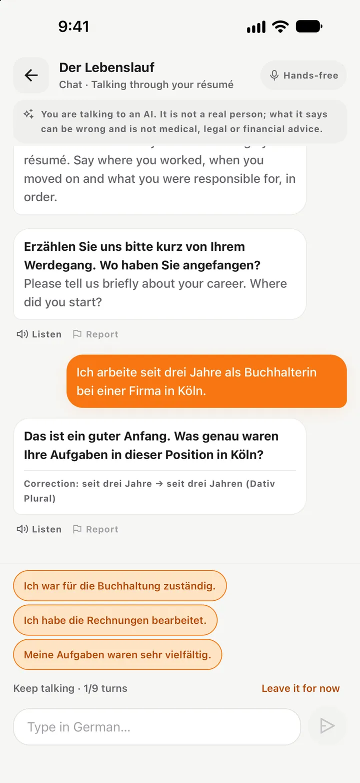 Speaking step: in a job interview the AI character asks a question; the user's mistake seit drei Jahre is corrected to seit drei Jahren; three suggestions below.