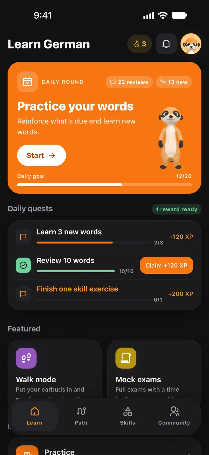 Learn screen: daily word round, daily goal and today's tasks.