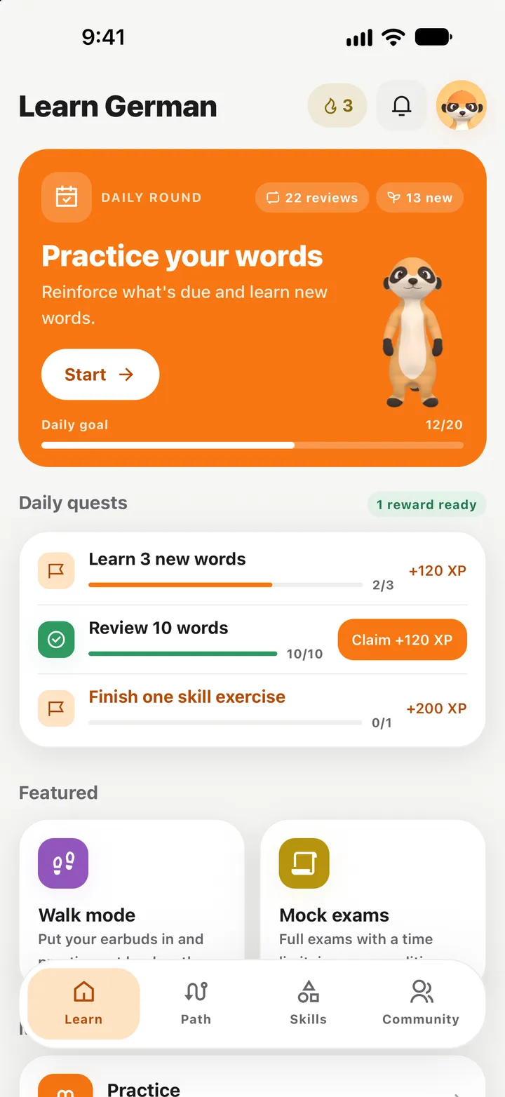 Learn screen: daily word round, daily goal and today's tasks.