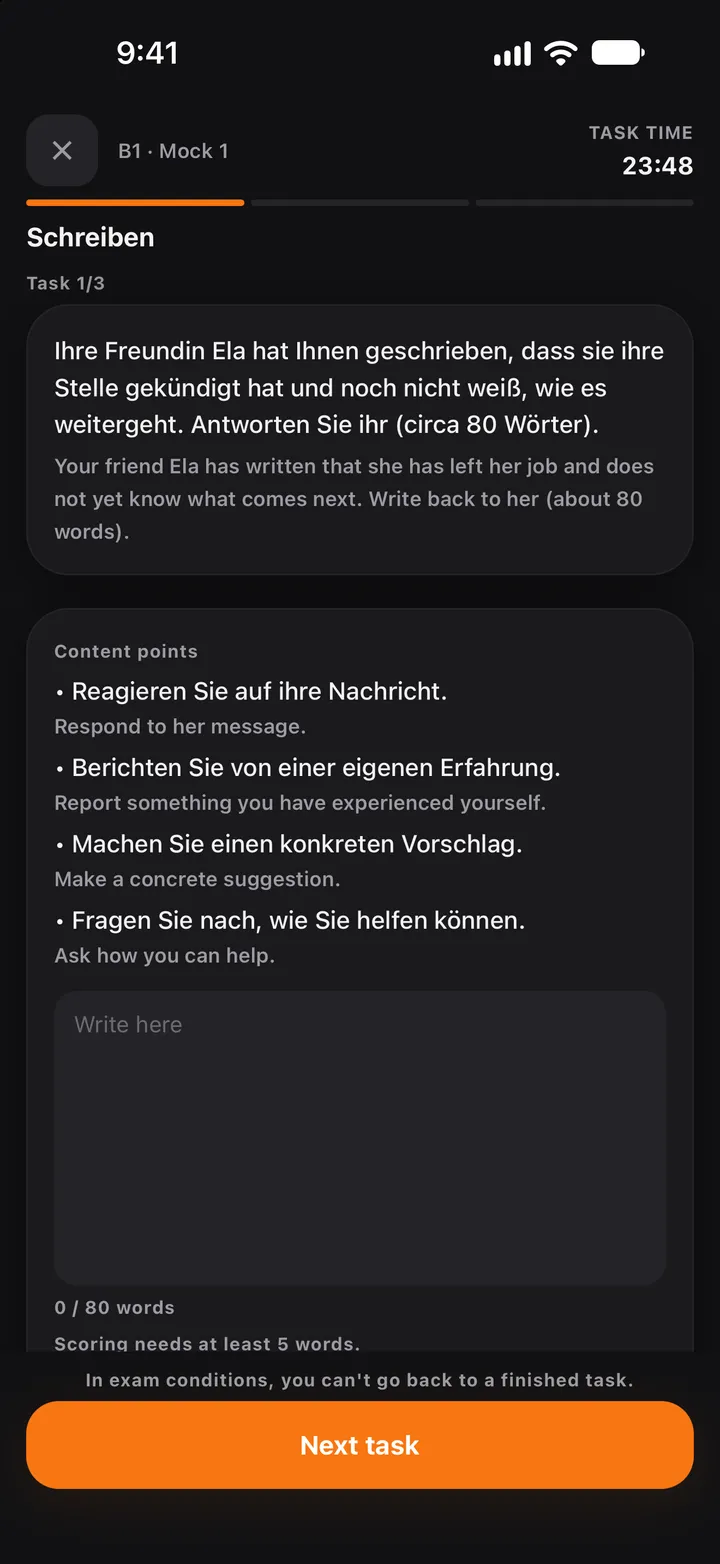 Mock exam, speaking section: task timer, the German task with its English explanation, content points and a Start speaking button.