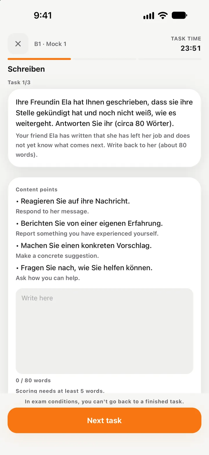 Mock exam, speaking section: task timer, the German task with its English explanation, content points and a Start speaking button.
