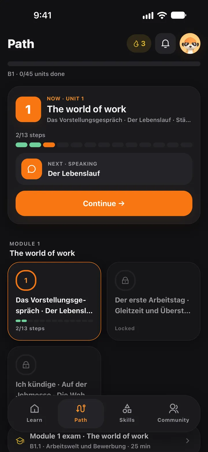 Path screen: level B1, current unit on the working world, next step reading, Continue button.
