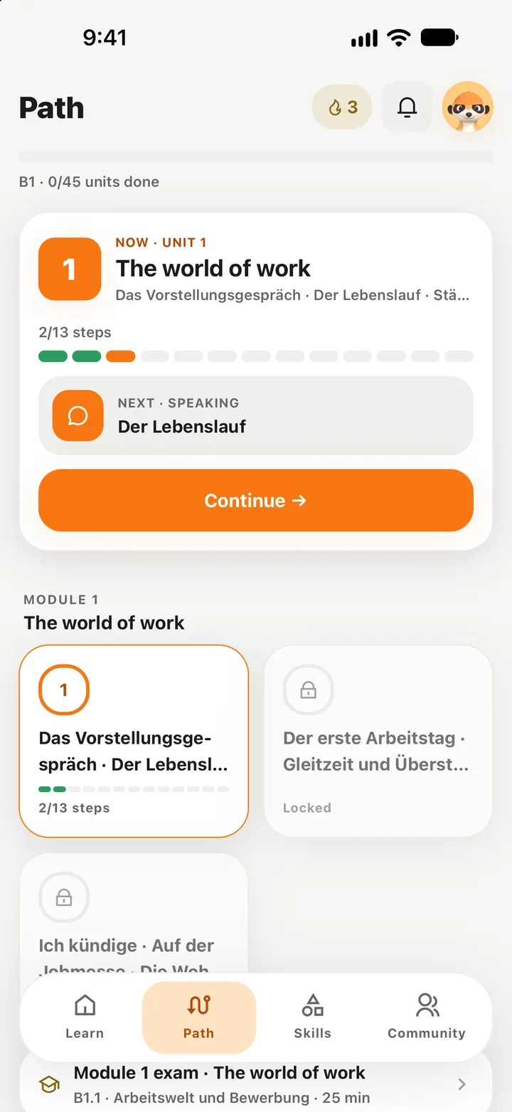 Path screen: level B1, current unit on the working world, next step reading, Continue button.
