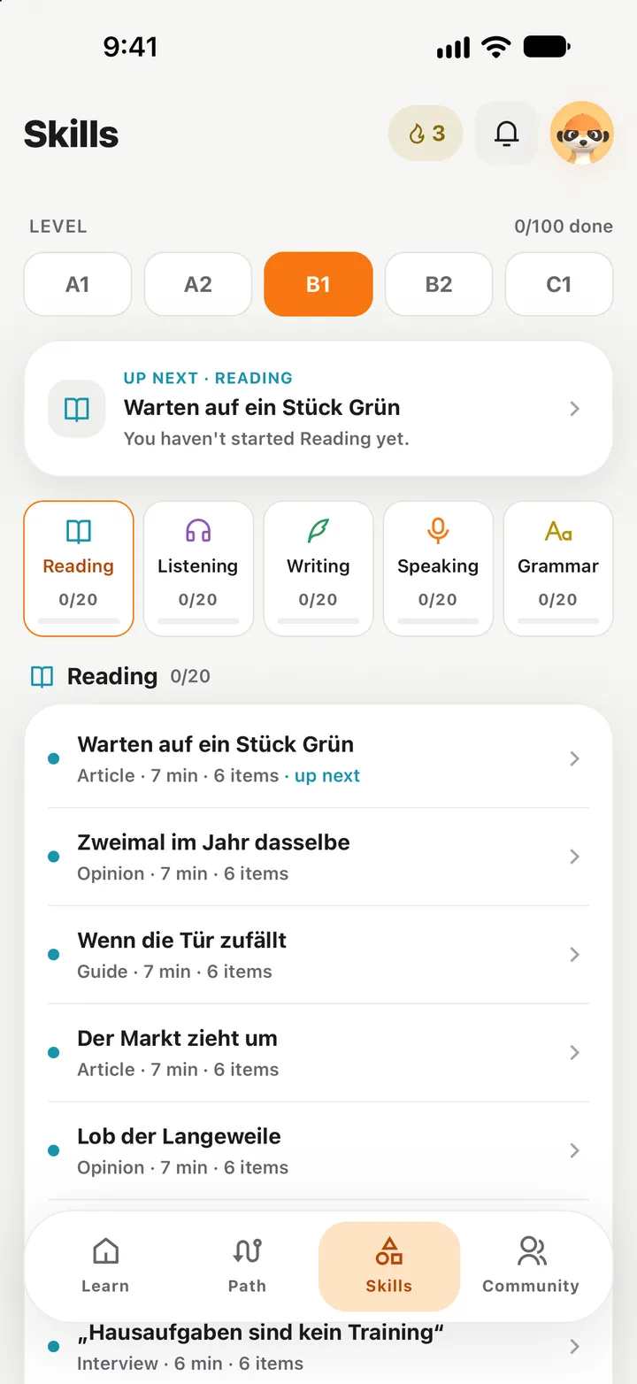 Skills screen: level B1; reading, listening, writing, speaking and grammar tabs, list of reading texts.