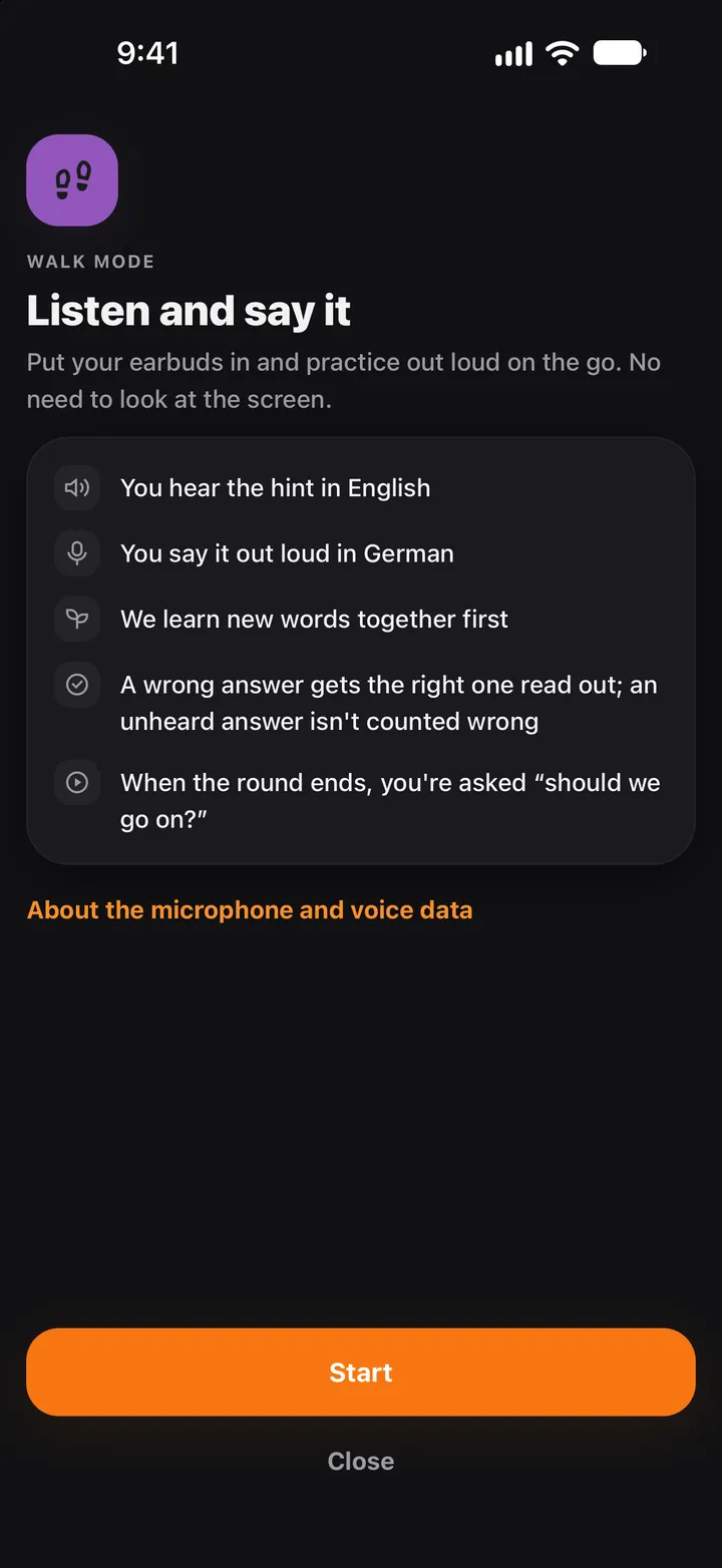 Walk mode: you hear the cue and say the German word out loud; rounds left today.
