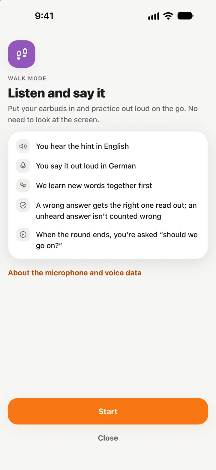 Walk mode: you hear the cue and say the German word out loud; rounds left today.