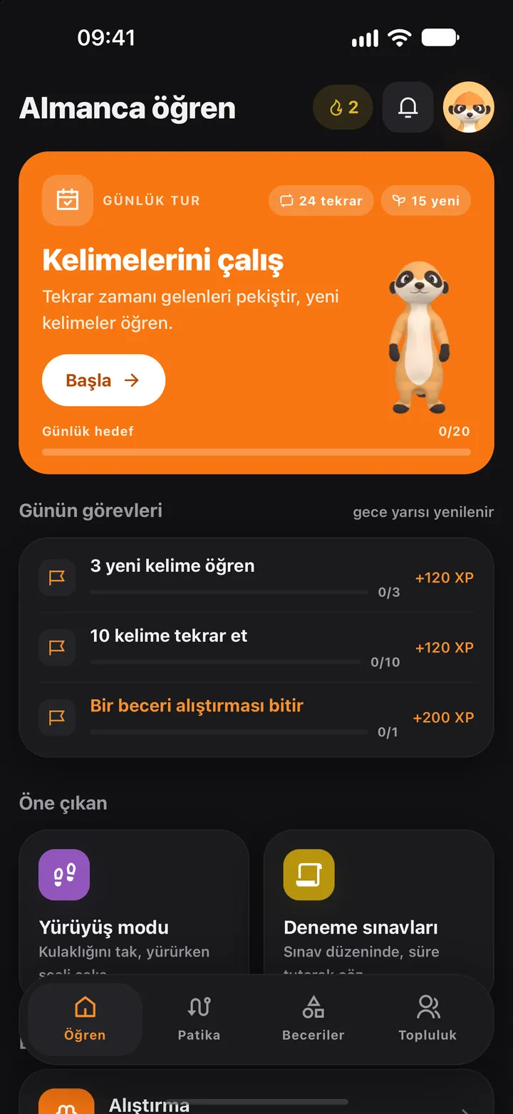 Öğren ekranı: günlük kelime turu, günlük hedef ve günün görevleri.