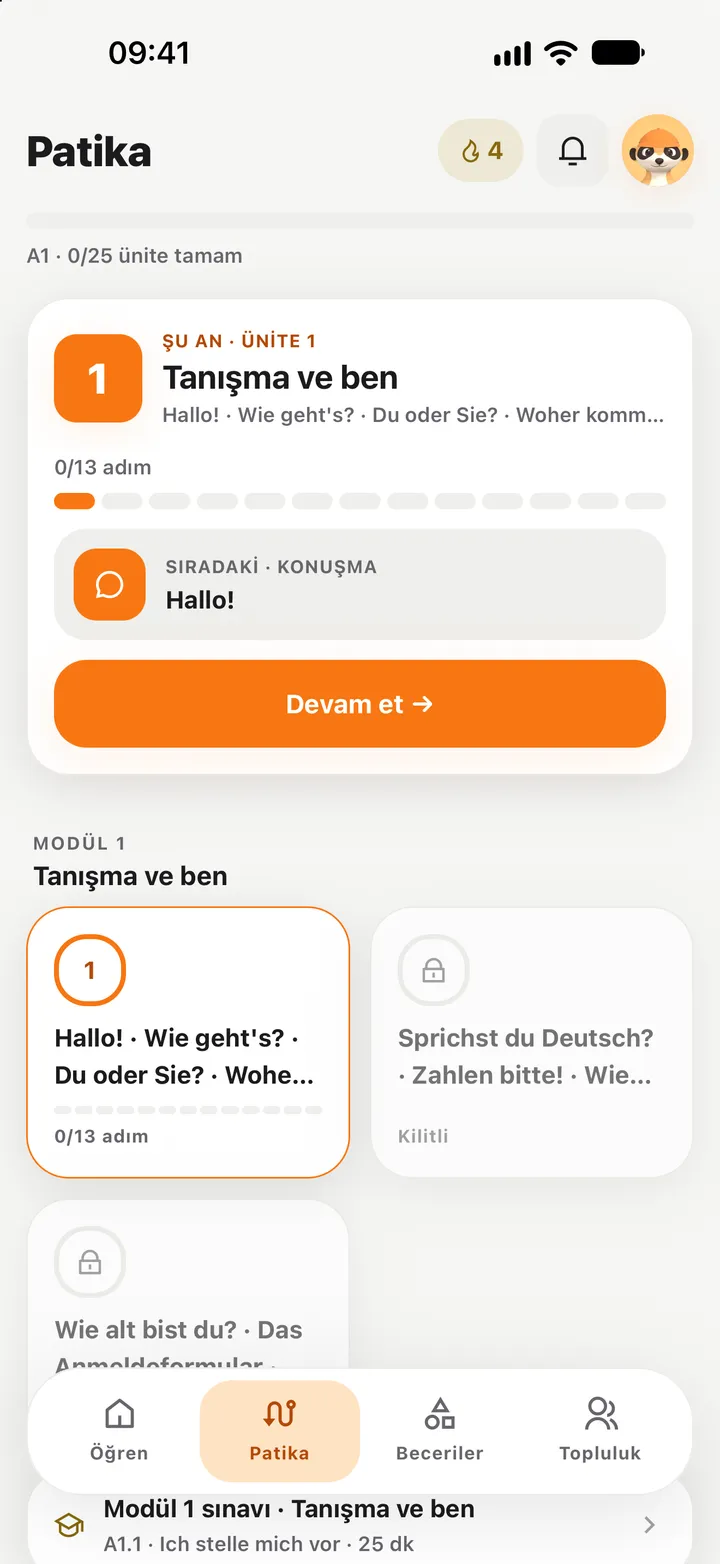 Patika ekranı: A1 seviyesi, şu anki ünite Tanışma ve ben, sıradaki adım konuşma (Hallo!), Devam et düğmesi.